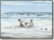 paintings of children playing at the beach